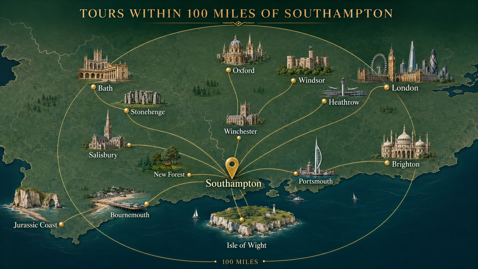 Illustrated map of tours and destinations within 100 miles of Southampton